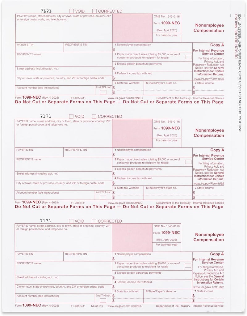 Dutymark 1099 NEC Copy A Forms, 25 Federal Income Laser Tax Forms, Use with 2025 1099 NEC Forms, RED Copy A ONLY, 25 forms-9 sheets 2025 - Image 5
